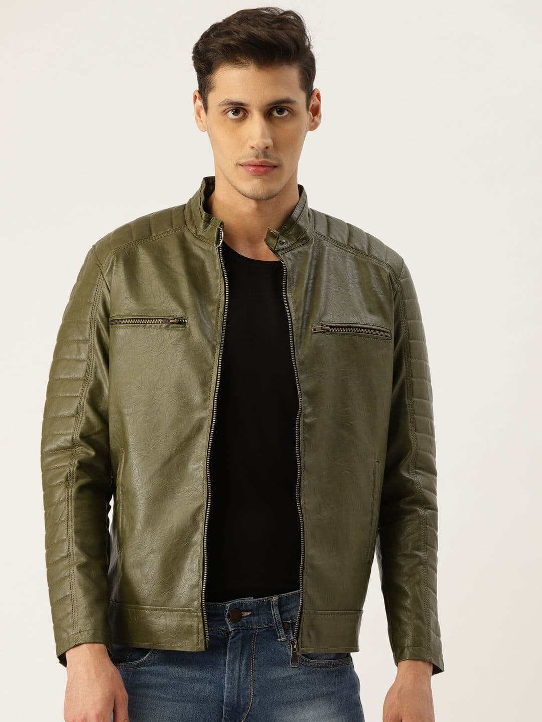 Leather Retail Men Green Solid Lightweight Biker Jacket - view 1