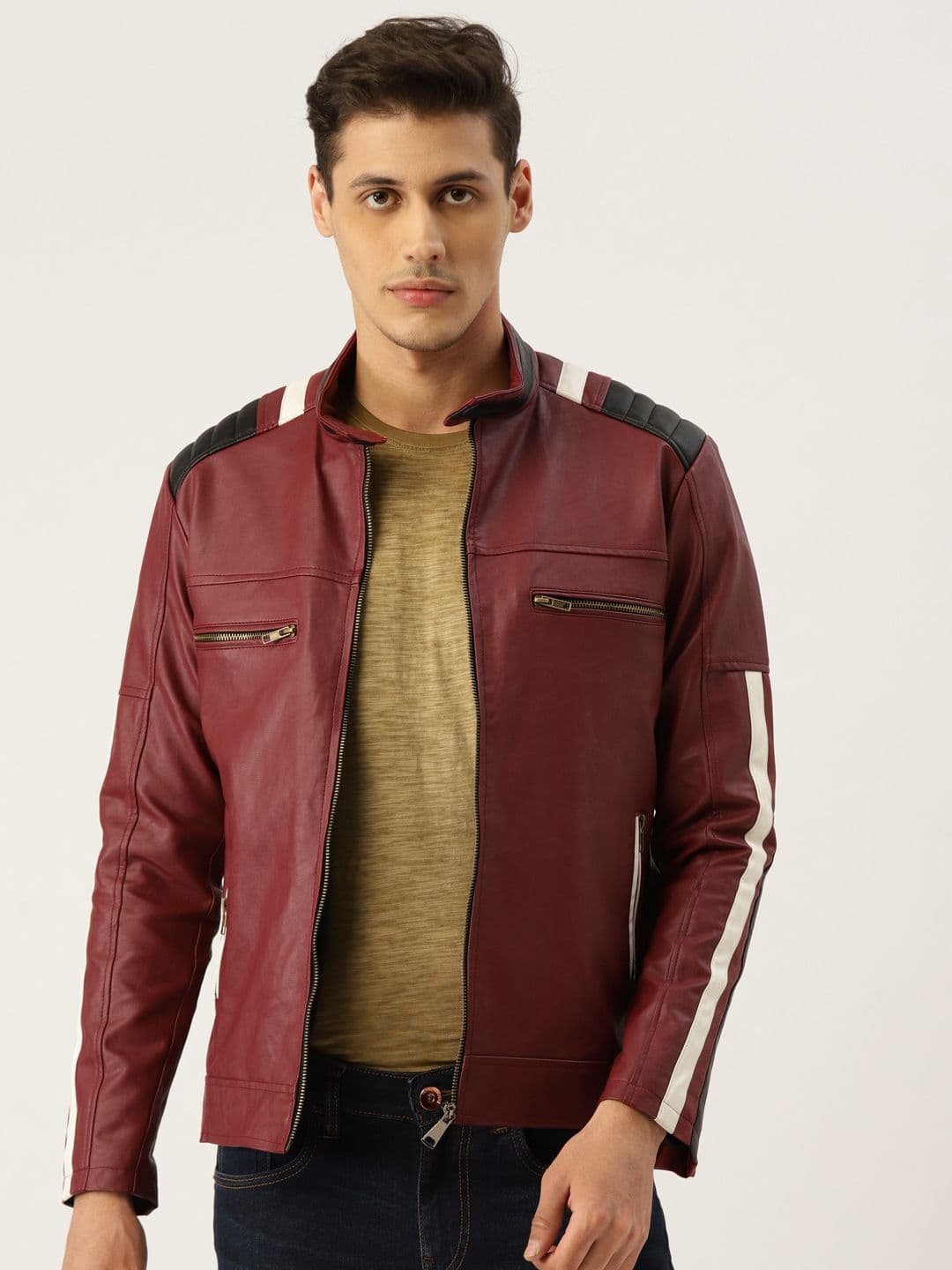 Leather Retail Men Maroon Solid Lightweight Biker Jacket - view 1
