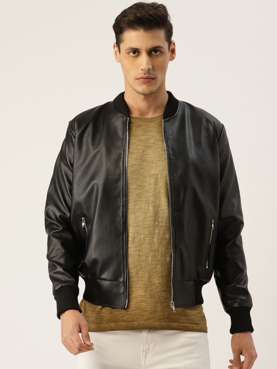 Leather Retail Men Black Solid Lightweight Bomber Jacket - view 1