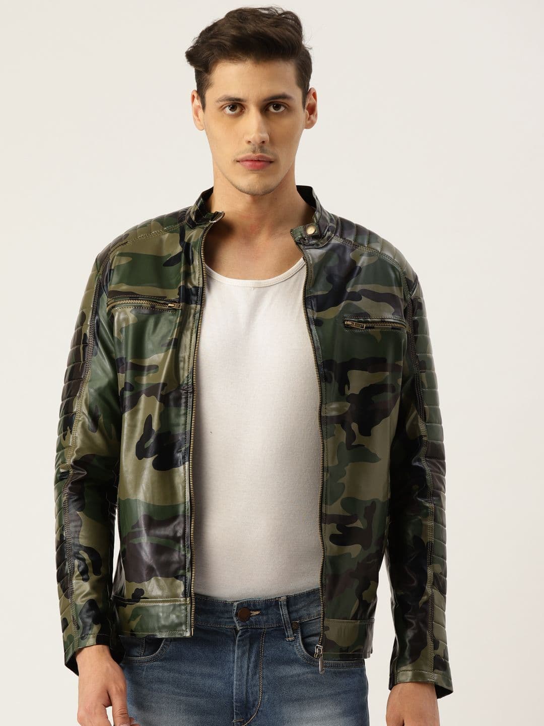 Leather Retail Men Green & Beige Camouflage Printed Lightweight Biker Jacket - view 1