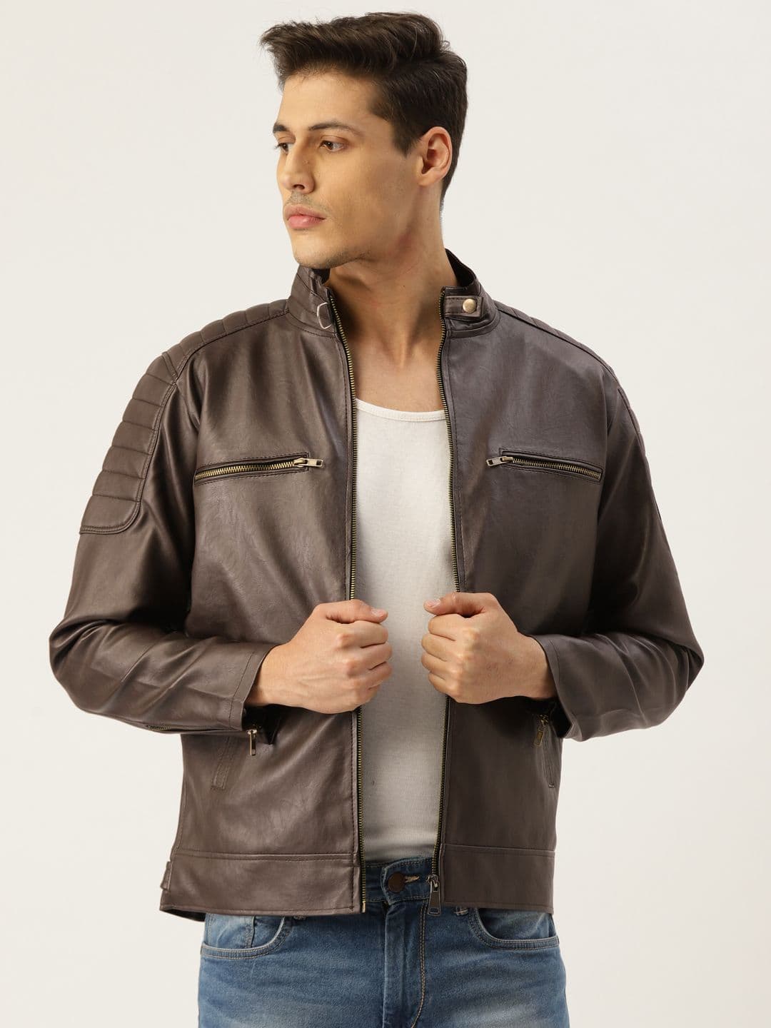 Leather Retail Men Coffee Brown Solid Lightweight Biker Jacket - view 1