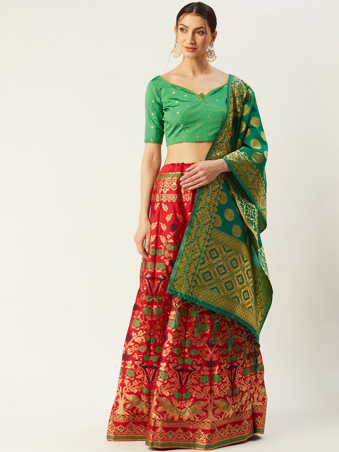 Mitera Red & Green Woven Design Semi-Stitched Lehenga & Unstitched Blouse with Dupatta - view 1
