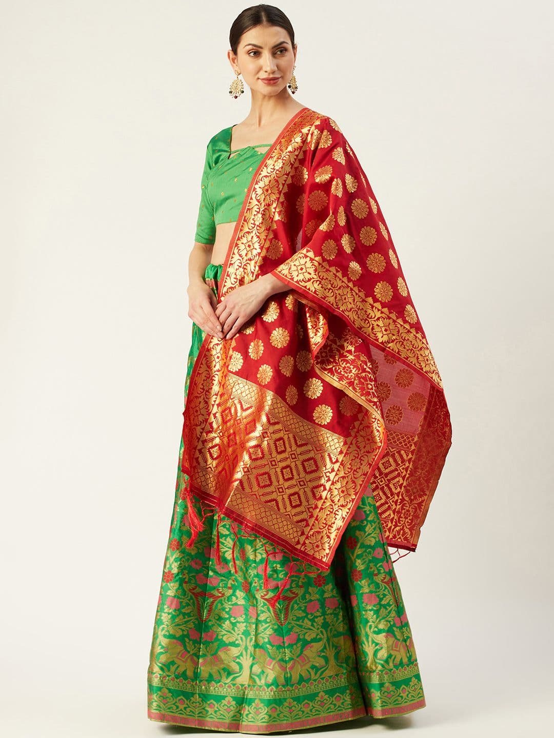 Mitera Green & Red Woven Design Semi-Stitched Lehenga & Unstitched Blouse with Dupatta - view 1