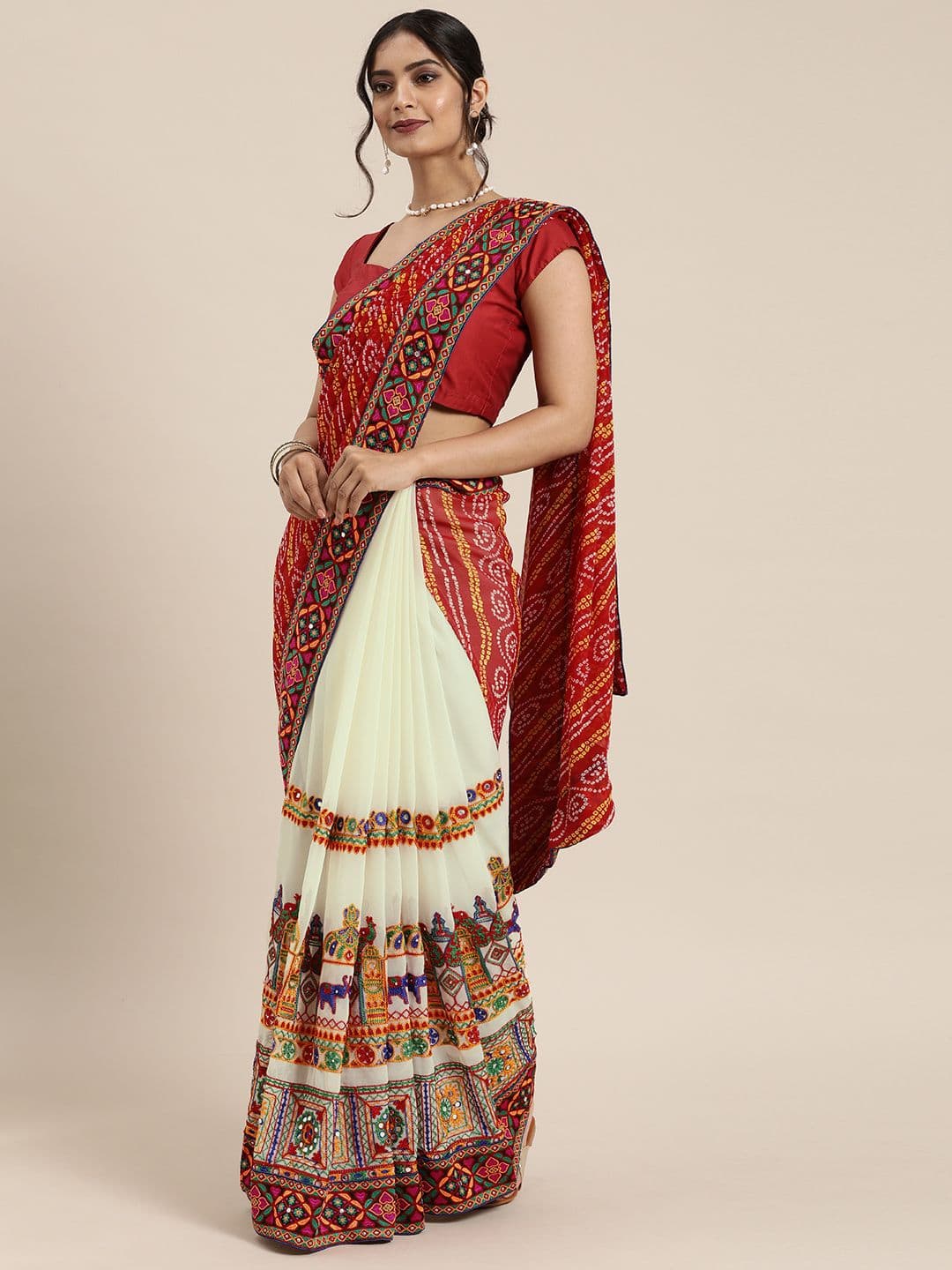 Mitera Red & Off-White Pure Georgette Embroidered Bandhani Saree - view 1