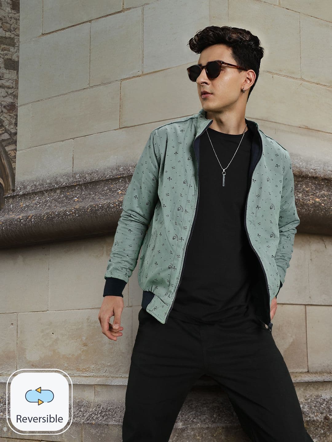 Roadster Men Green & Navy Blue Printed Reversible Bomber Jacket - view 1