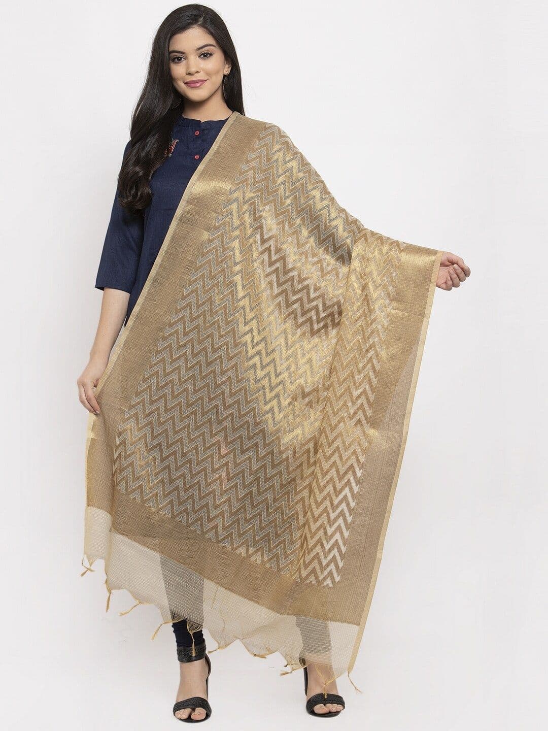 LOOM LEGACY Gold Woven Design Dupatta - view 1