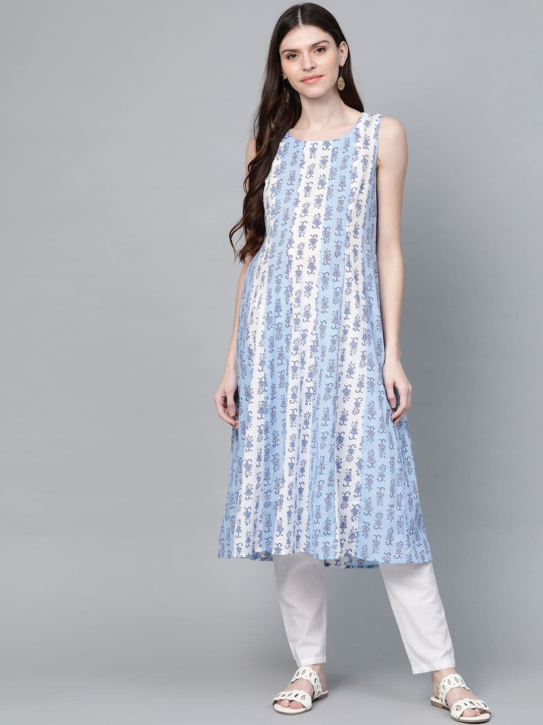anayna Women Blue & White Ethnic Motifs Screen Print A-Line Maternity & Nursing Kurta - view 1