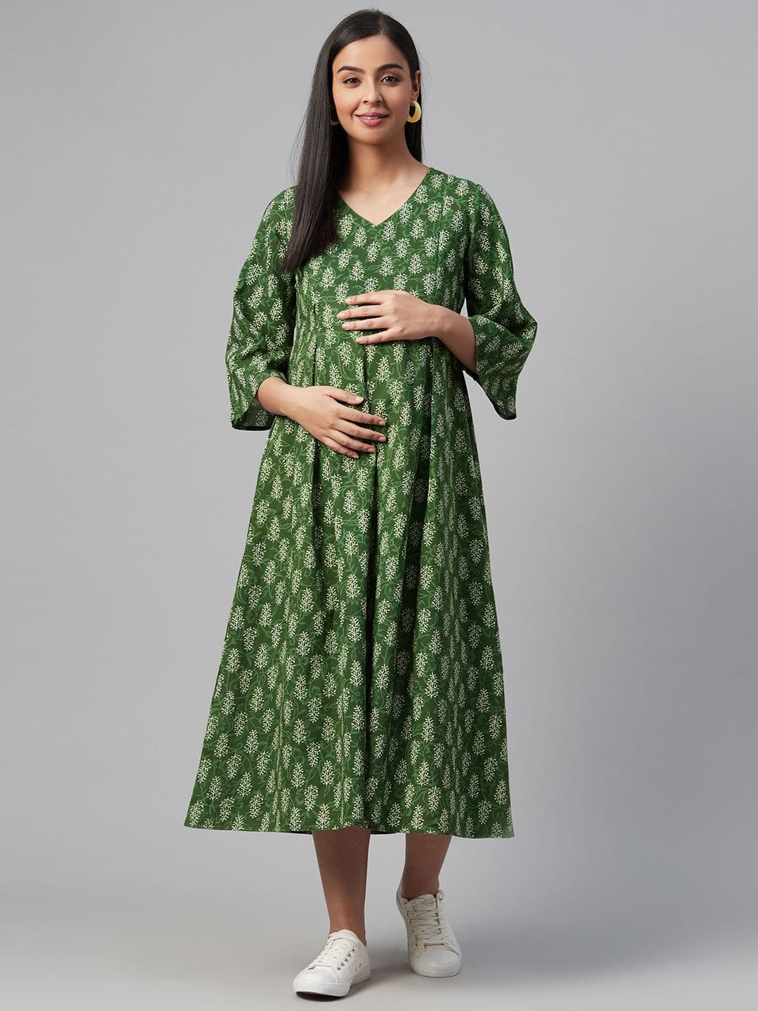 anayna Women Green & Off-White Printed Maternity A-Line Dress - view 1