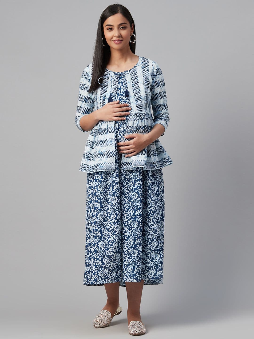 anayna Blue & White Ethnic Motifs Printed Cotton Maternity A-Line Dress with Ethnic Jacket - view 1