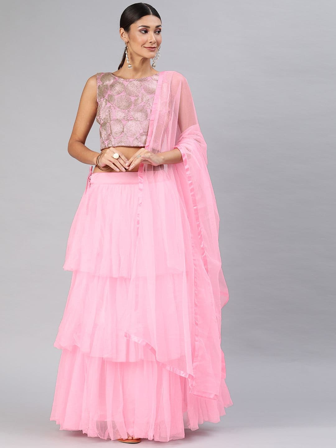 DIVASTRI Pink Layered Semi-Stitched Lehenga & Unstitched Blouse with Dupatta - view 1