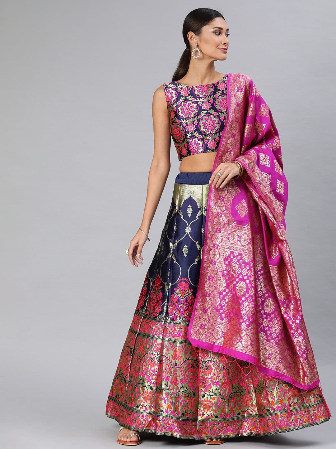 DIVASTRI Navy Blue Woven Design Semi-Stitched Lehenga & Unstitched Blouse with Dupatta - view 1