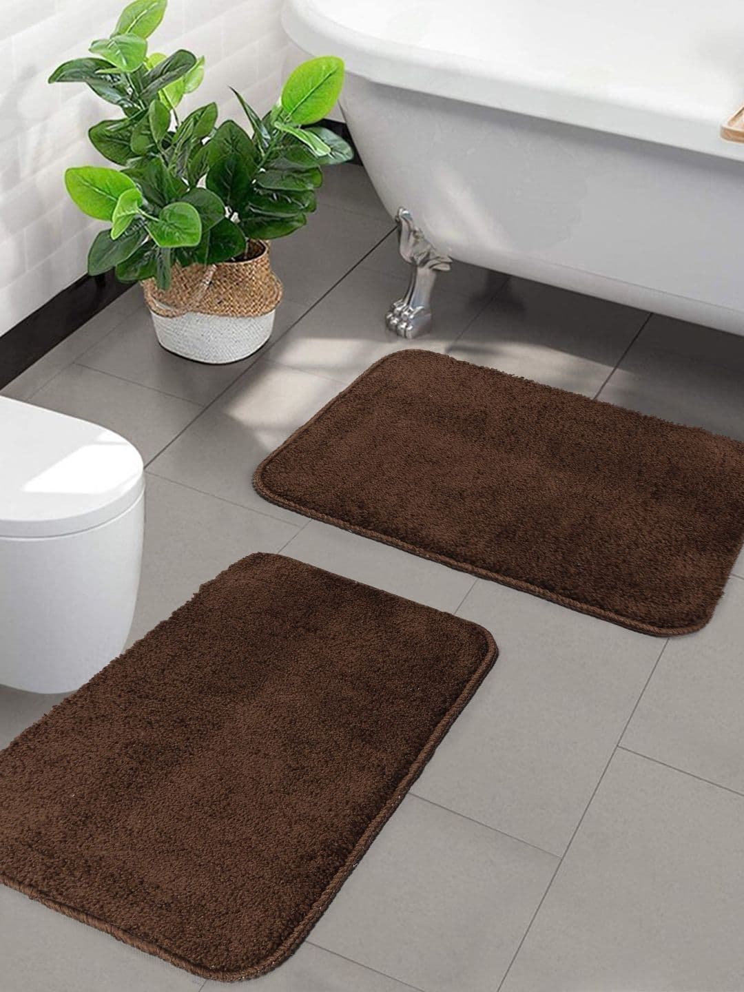 Saral Home Set of 2 Brown Solid Microfibre Anti-Skid Bath Rugs - view 1