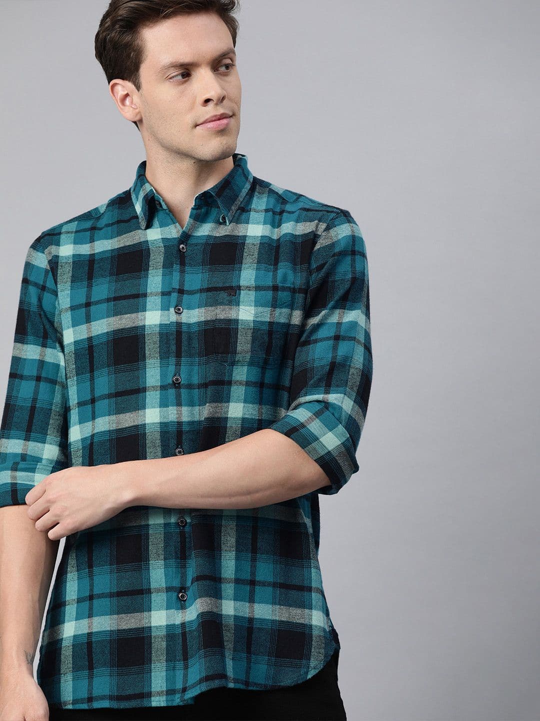 THE BEAR HOUSE Men Teal Blue & Black Slim Fit Checked Flannel Casual Shirt - view 1