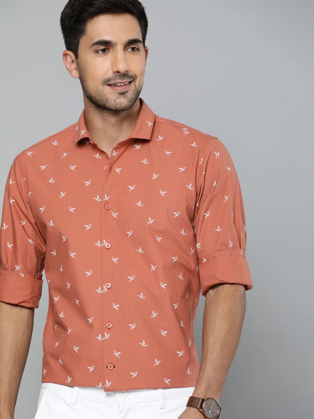 Mast & Harbour Men Rust Orange & White Slim Fit Conversational Printed Casual Shirt - view 1