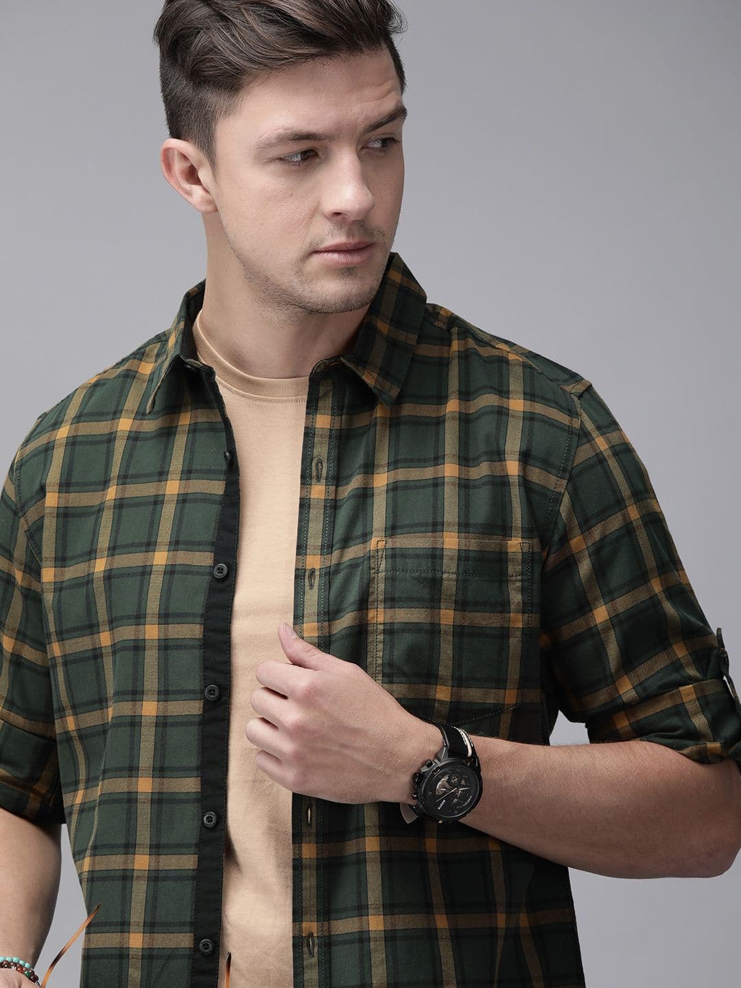 Roadster Men Green & Orange Regular Fit Checked Casual Shirt - view 1