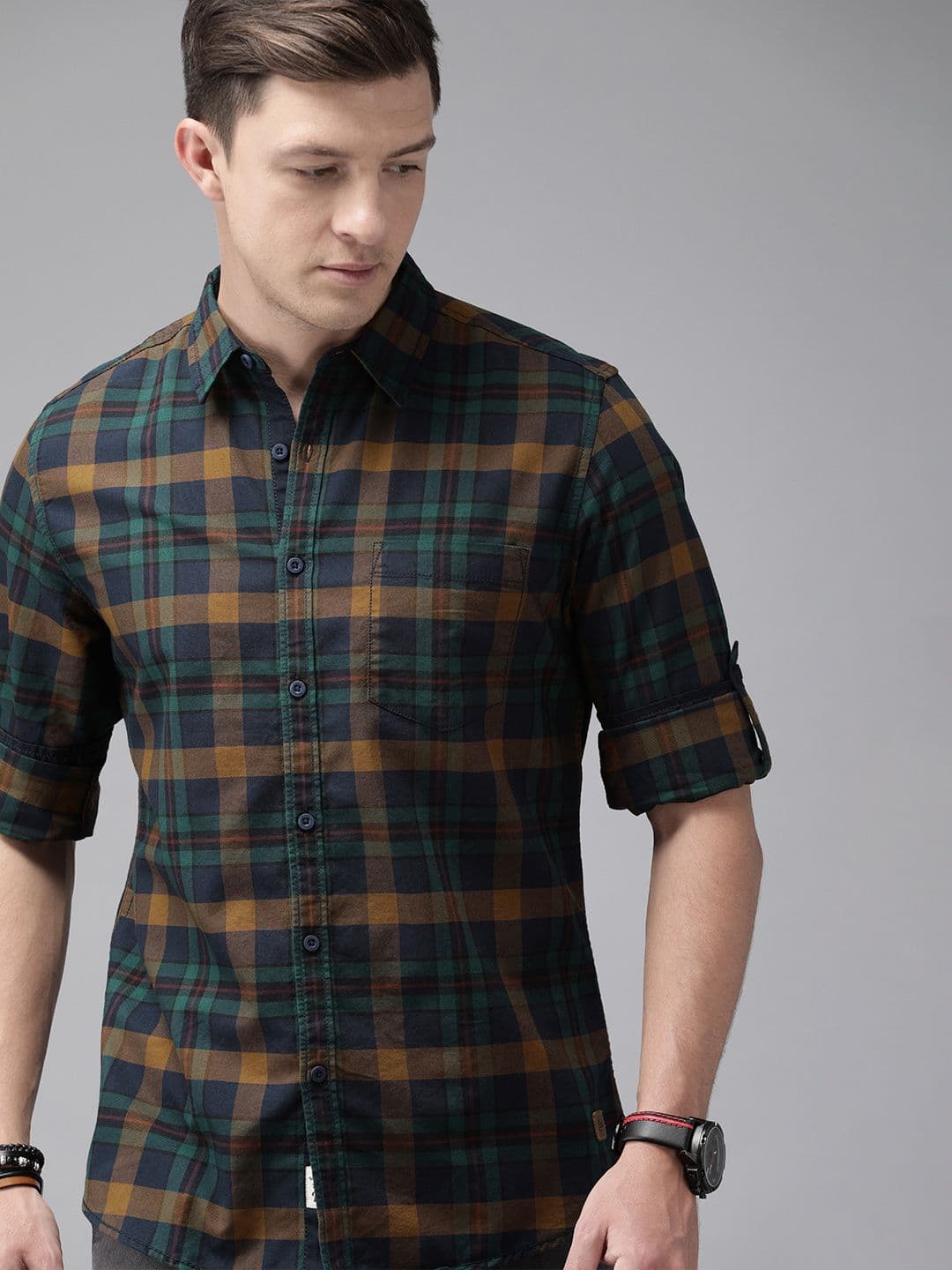 Roadster Men Green & Beige Regular Fit Checked Sustainable Casual Shirt - view 1
