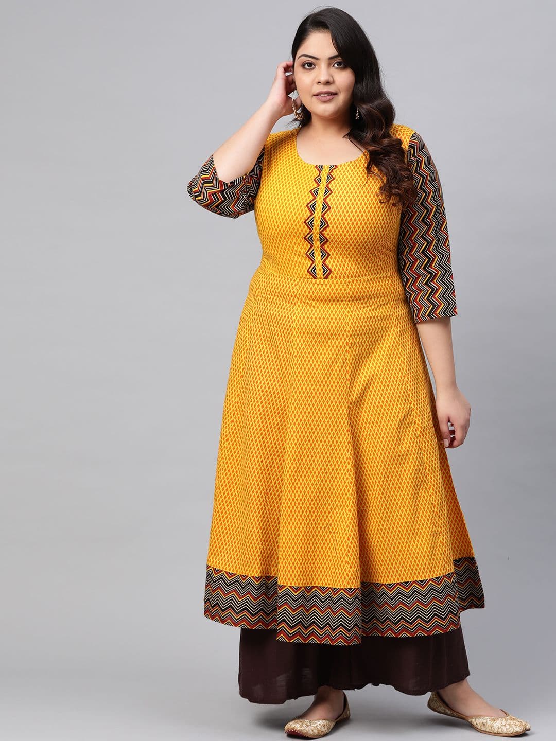 YASH GALLERY Plus Size Women Mustard Yellow & Orange Printed Anarkali Kurta - view 1
