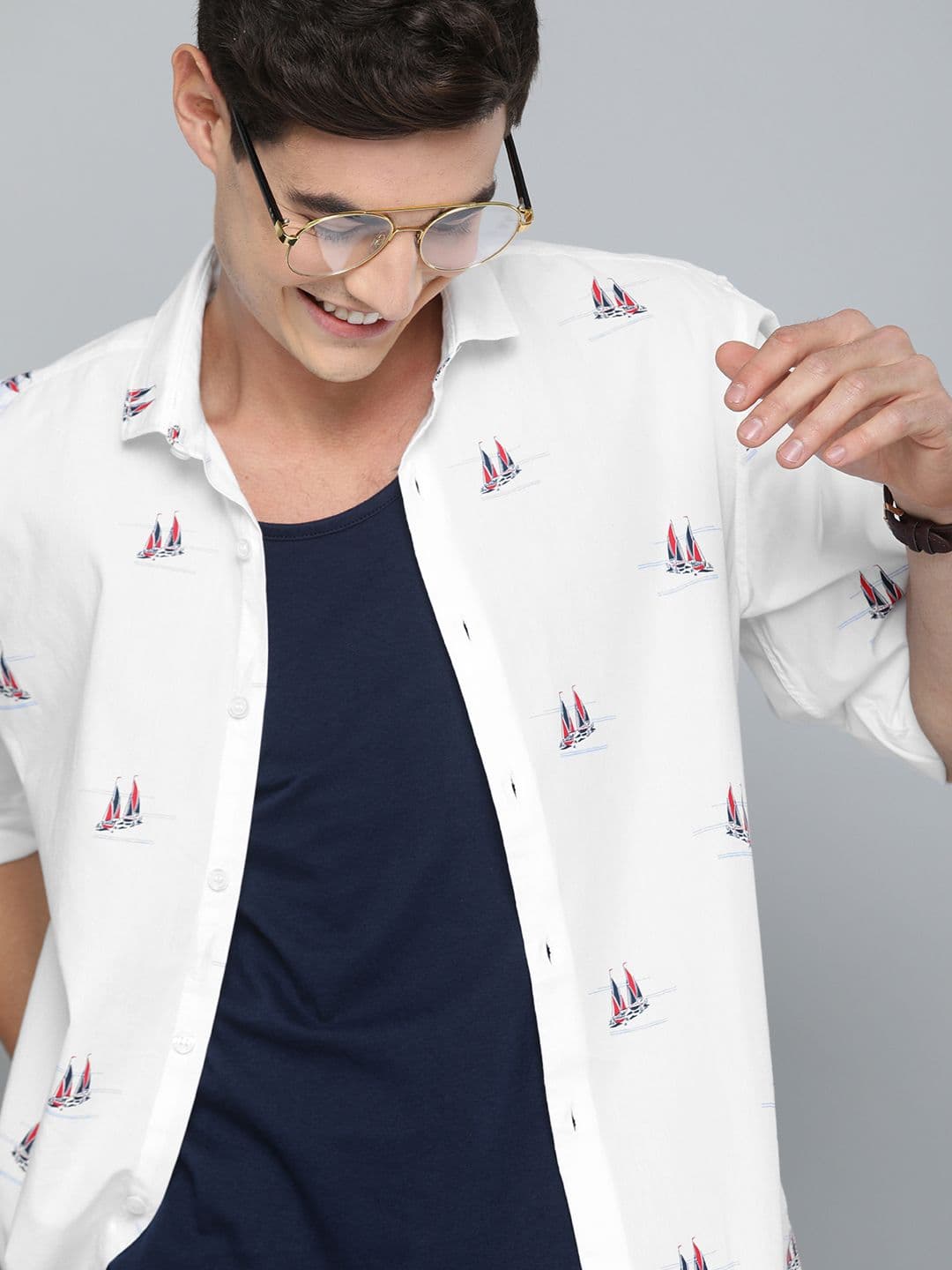 Mast & Harbour Men White & Blue Regular Fit Printed Casual Shirt - view 1