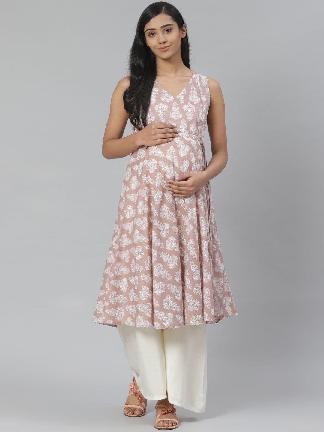 anayna Women Beige & White Printed Anarkali Maternity Kurta - view 1