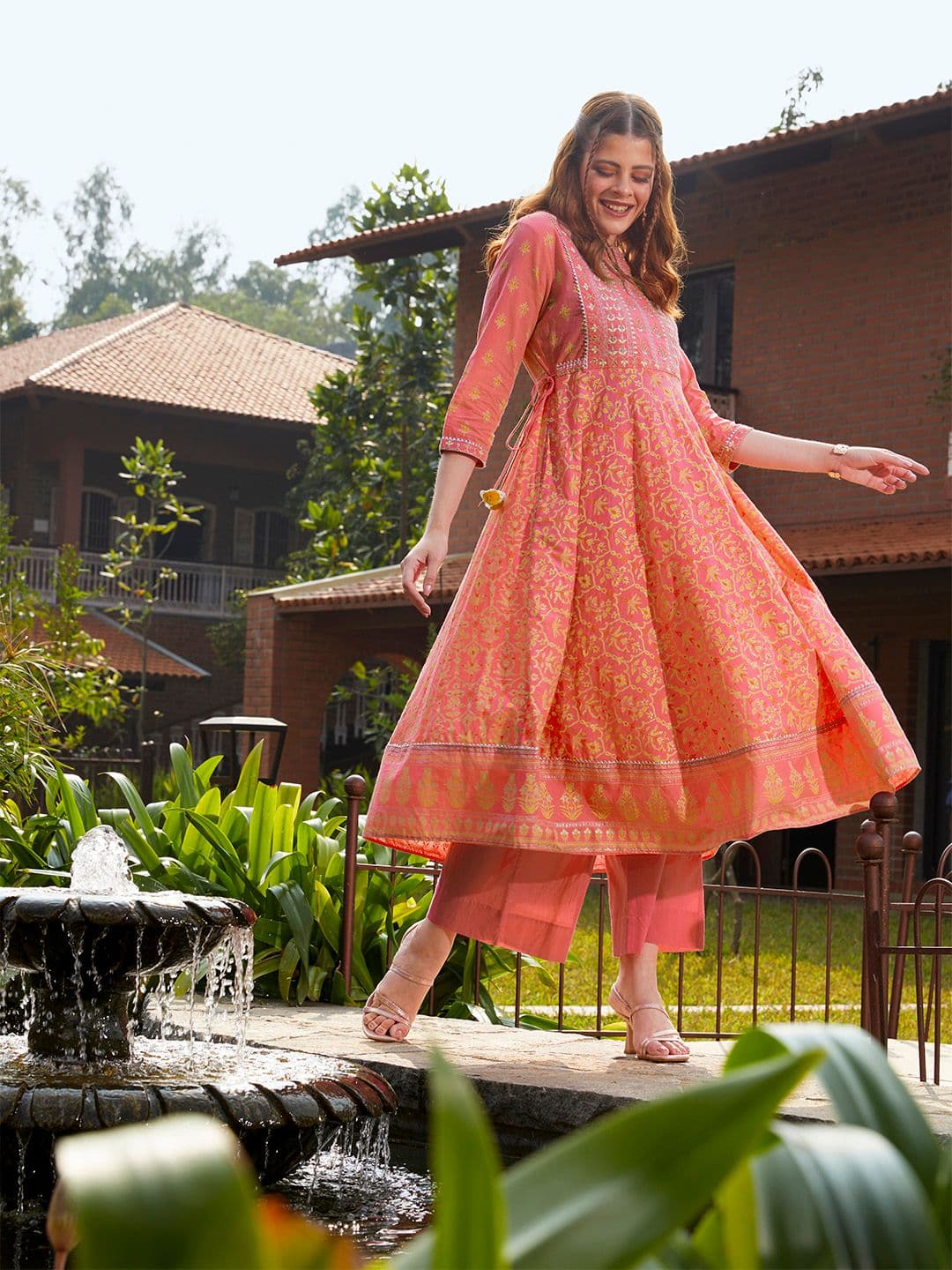 Sangria Women Coral Pink & Golden Ethnic Motifs Printed A-Line Cotton Kurta Set - view 1