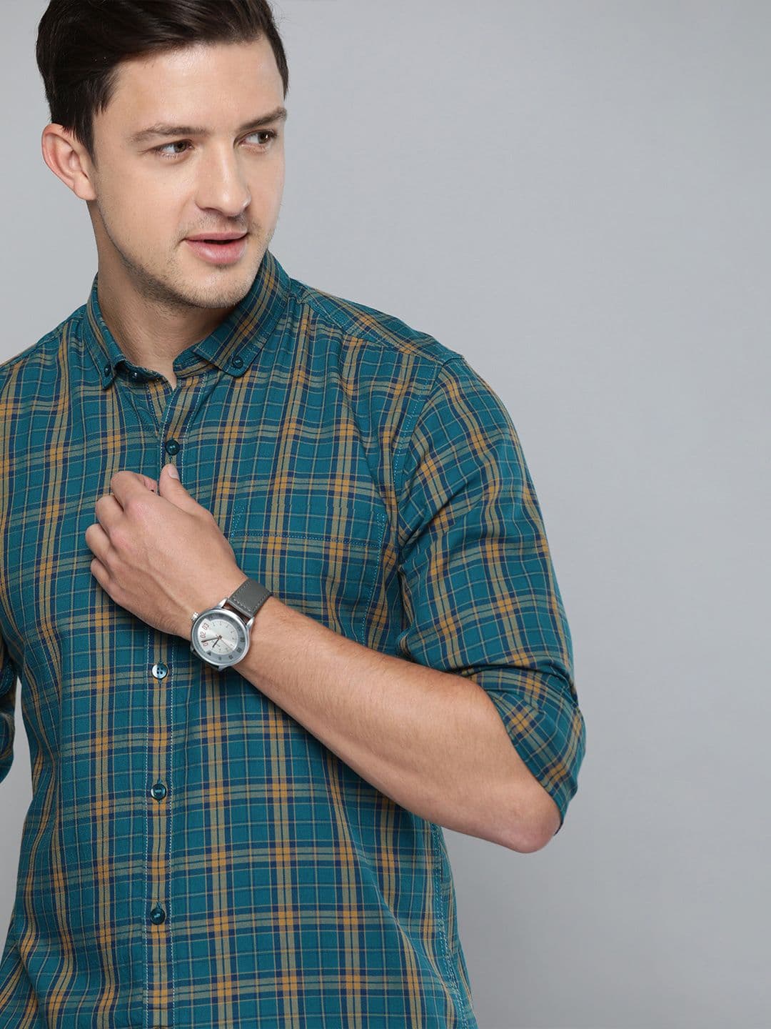 Mast & Harbour Men Teal Blue & Mustard Yellow Slim Fit Checked Casual Shirt - view 1