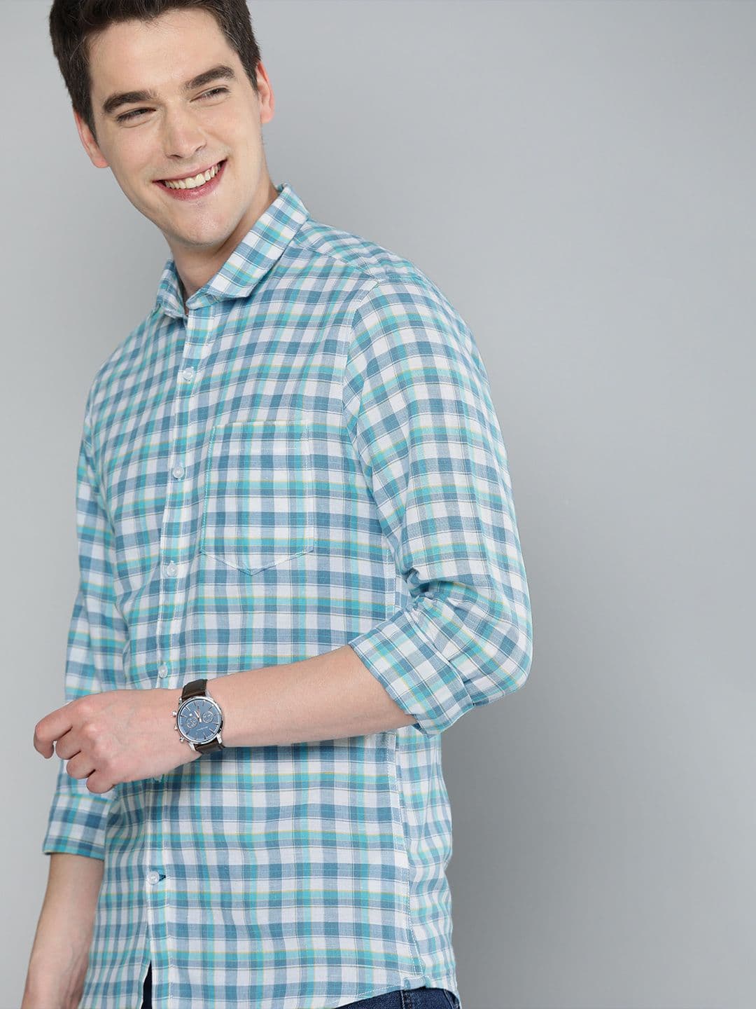 Mast & Harbour Men Blue & White Regular Fit Checked Casual Cotton-Linen Shirt - view 1
