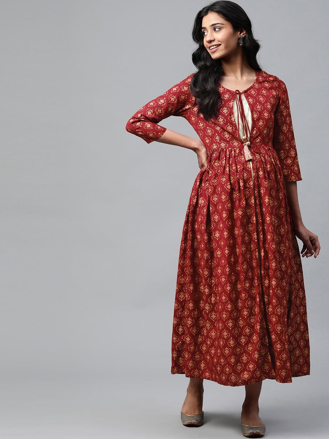 anayna Maroon & Golden Block Print Cotton Layered Maxi Nursing Dress - view 1