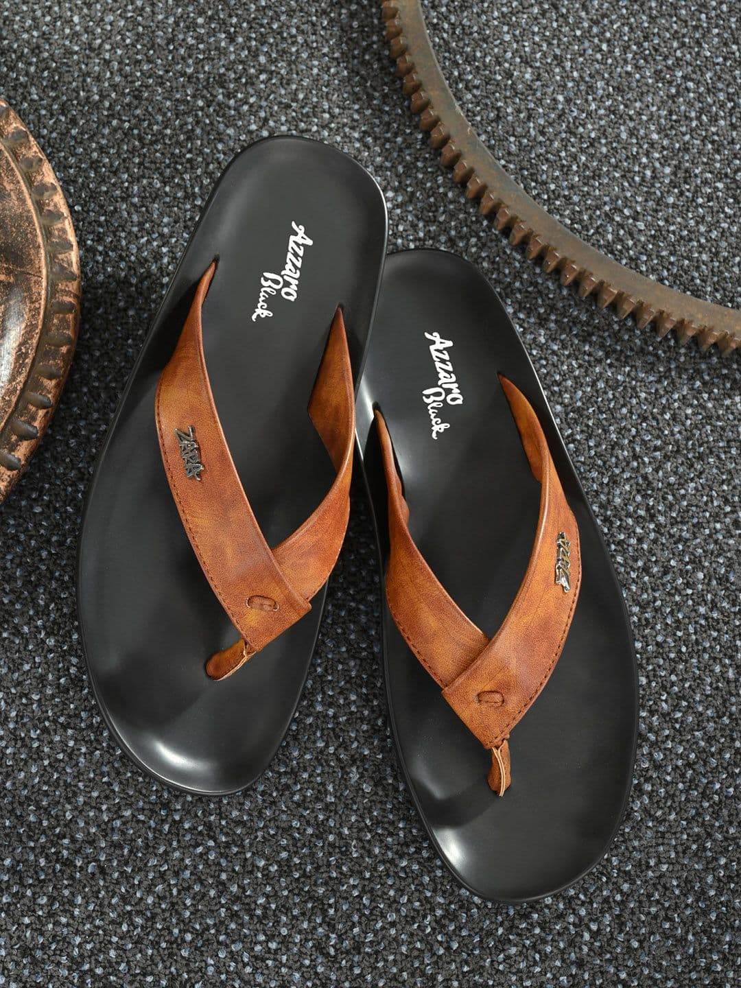 Azzaro Black Men Tan Solid Thong Flip-Flops - view 1