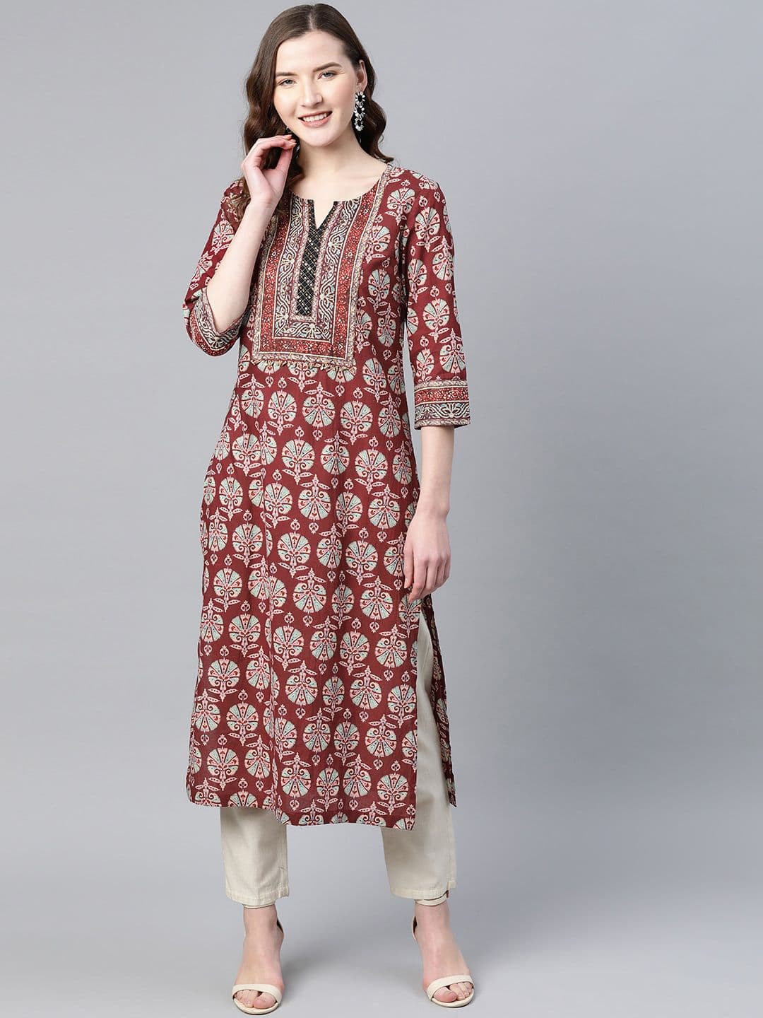 Rain & Rainbow Women Burgundy & Blue Pure Cotton Printed A-Line Tunic Kurta - view 1