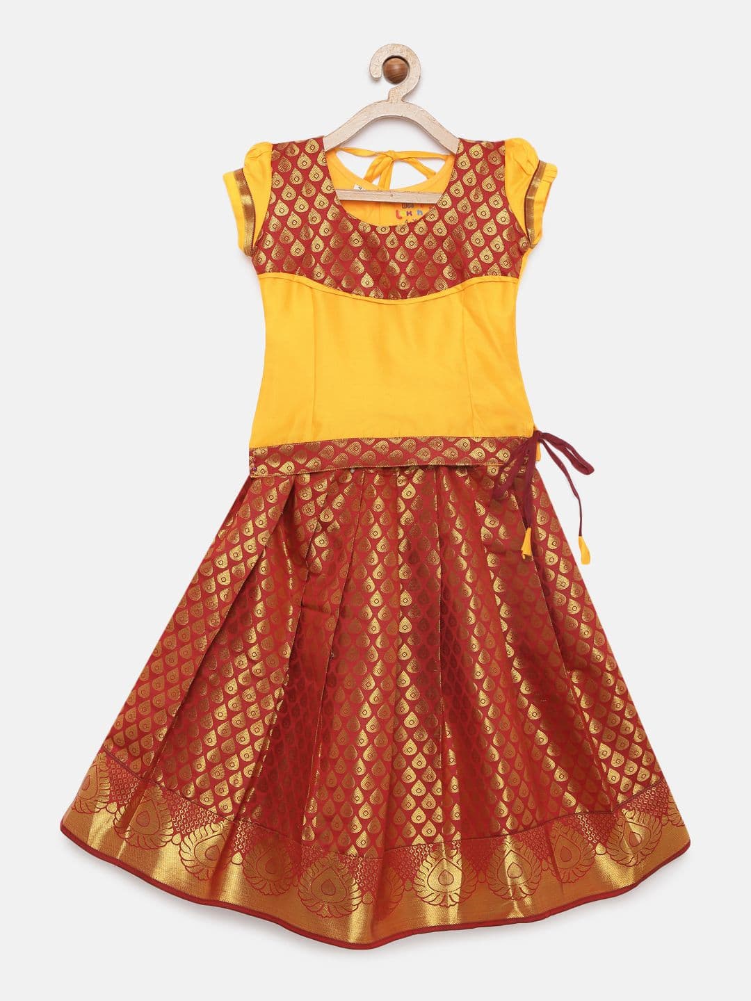Baby Lakshmi Girls Yellow & Red Ready to Wear Pattu Pavadai - view 1