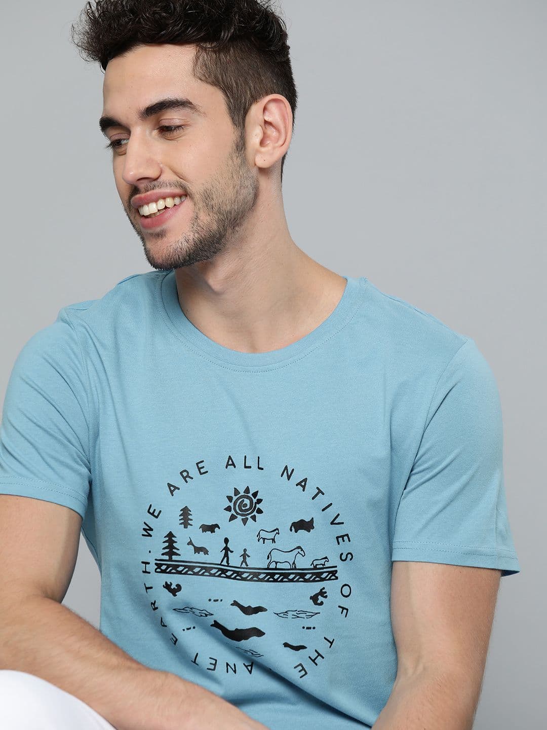 Mast & Harbour Mast Harbour Men Blue Black Printed Round Neck Pure Cotton T-shirt - view 1