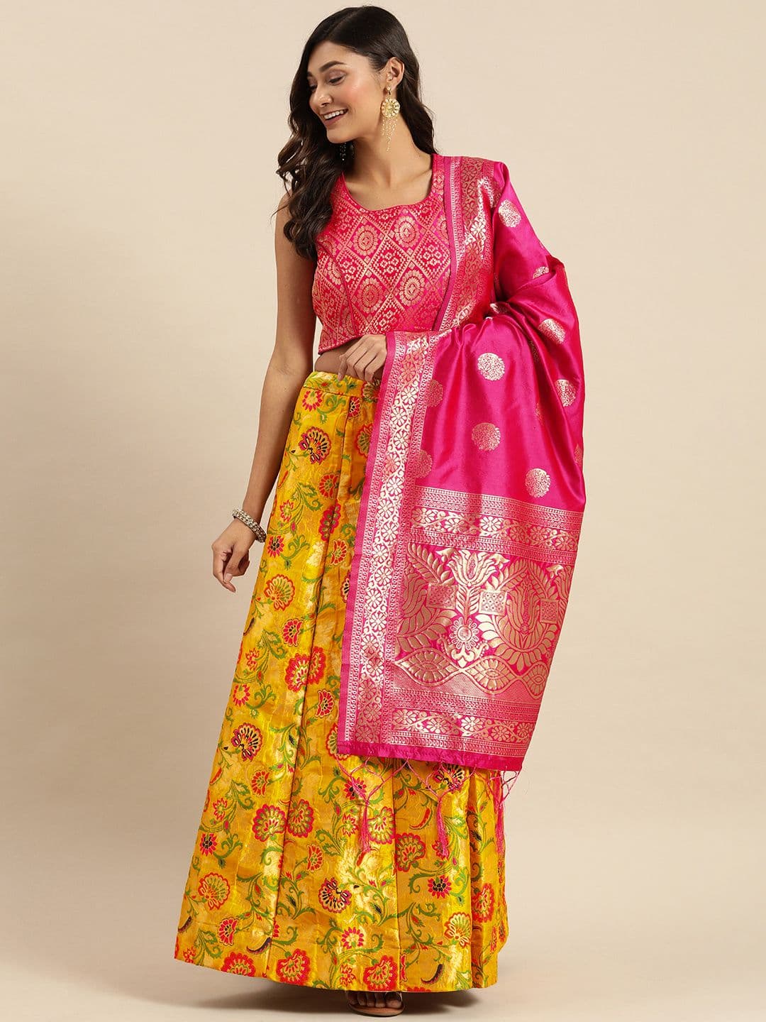 Shaily Mustard Yellow & Pink Zari Silk Blend Semi-Stitched Lehenga & Blouse with Dupatta - view 1