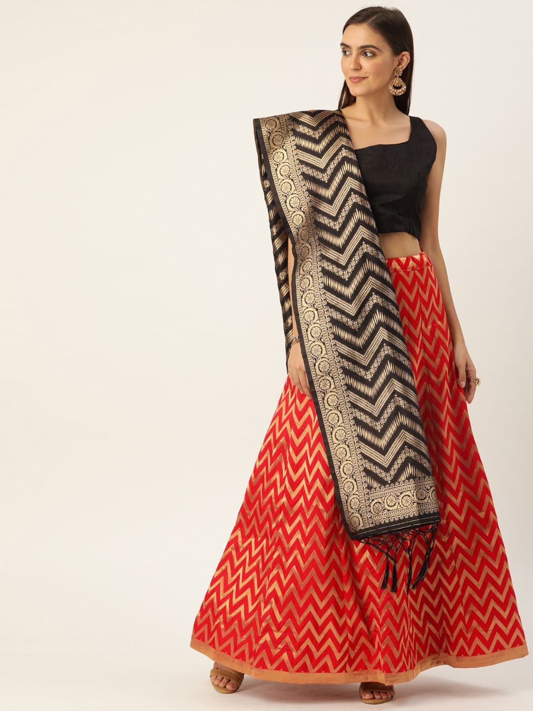 Shaily Red & Black Solid Semi-Stitched Lehenga & Blouse with Dupatta - view 1