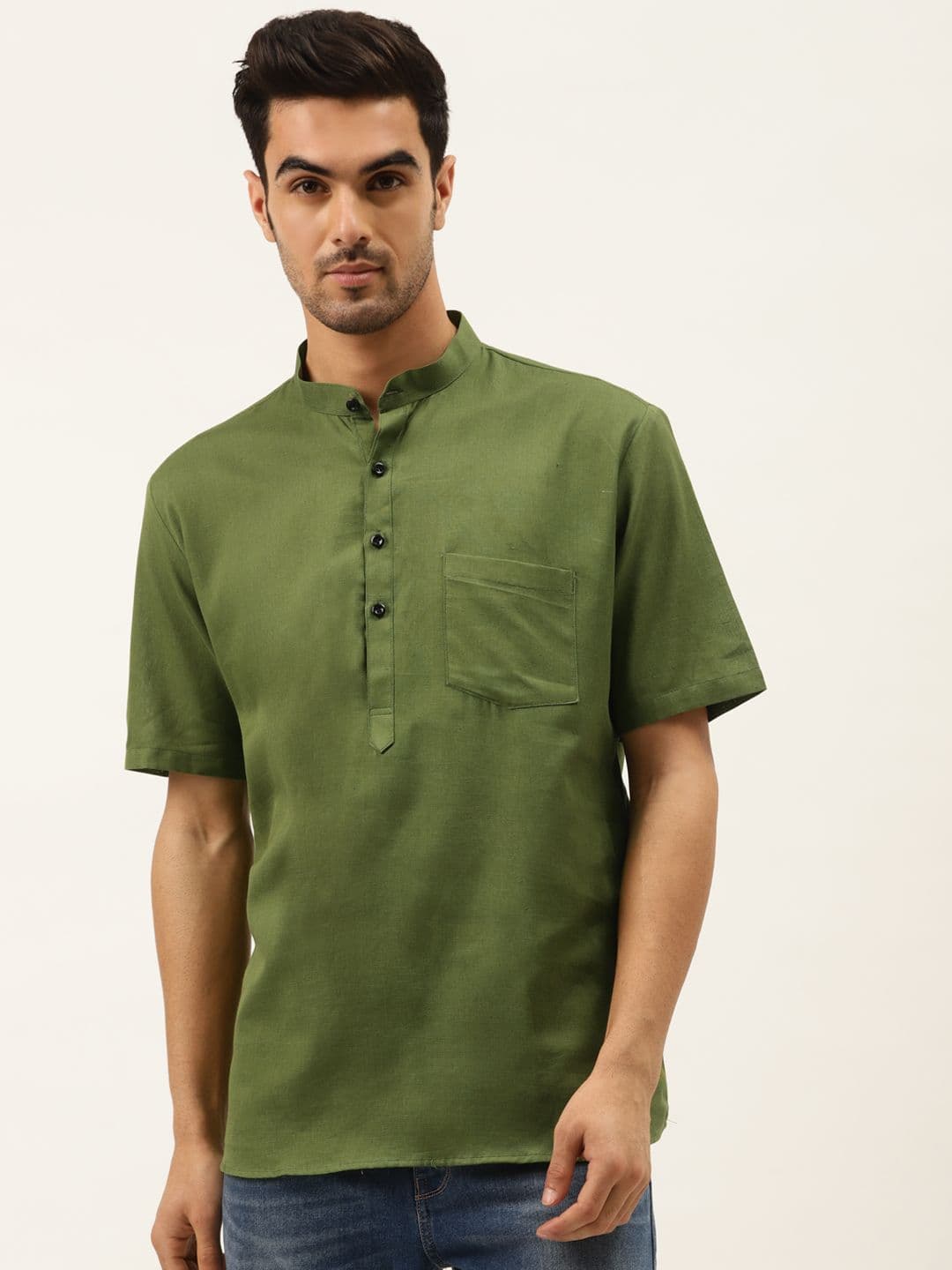 RAJUBHAI HARGOVINDAS Men Olive Green Solid Straight Kurta - view 1