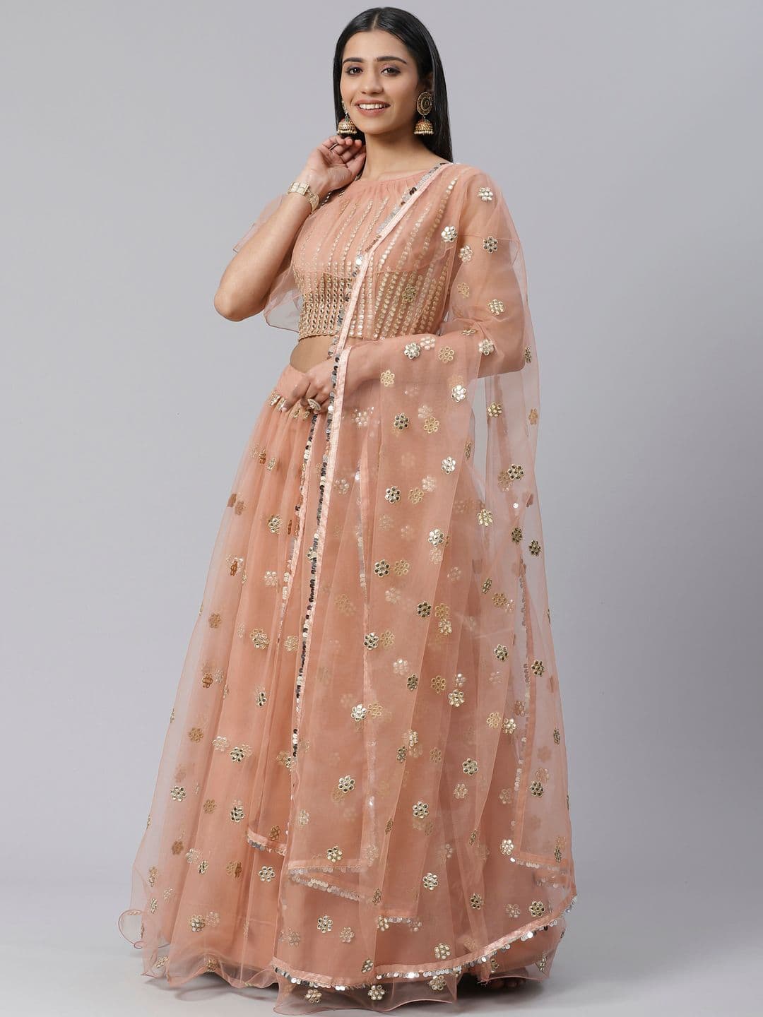 SHOPGARB Peach-Coloured & Silver-Toned Embroidered Semi-Stitched Lehenga & Unstitched Blouse with Dupatta - view 1