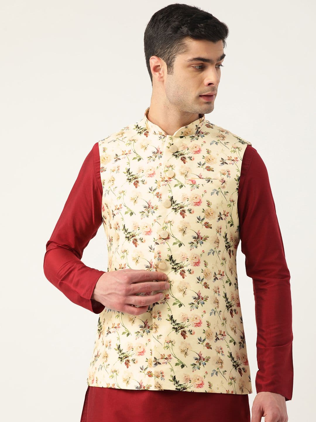 Manyavar Men Cream-Coloured & Green Floral Print Nehru Jacket - view 1