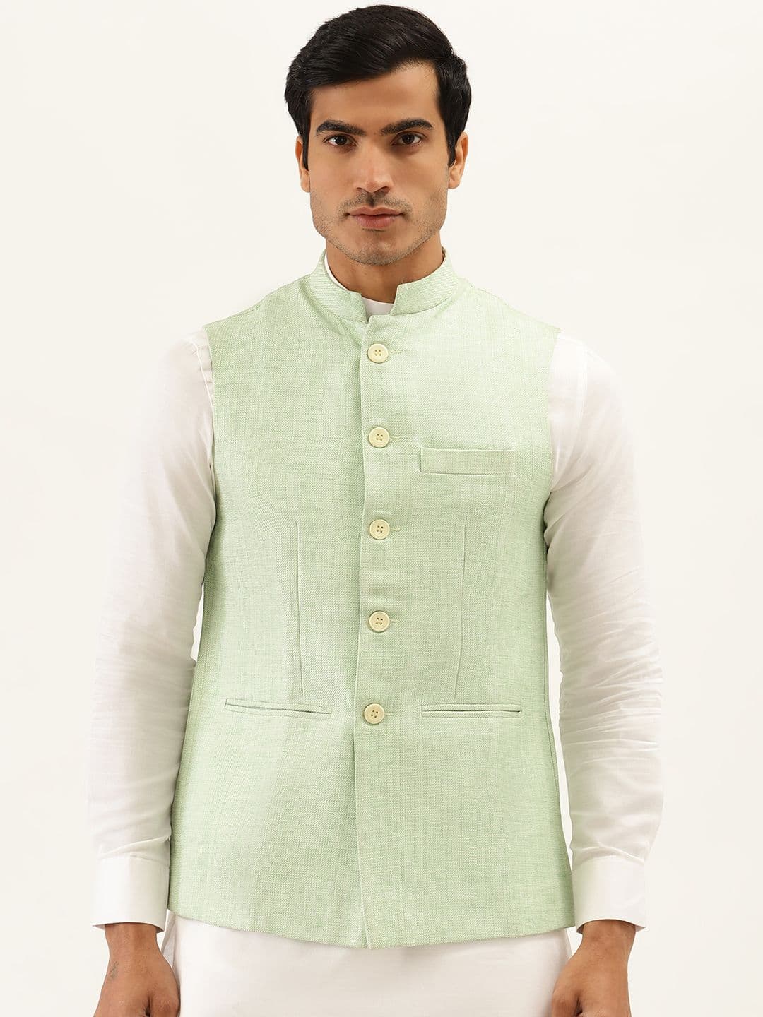 Manyavar Men Sea Green Self-Design Nehru Jacket - view 1