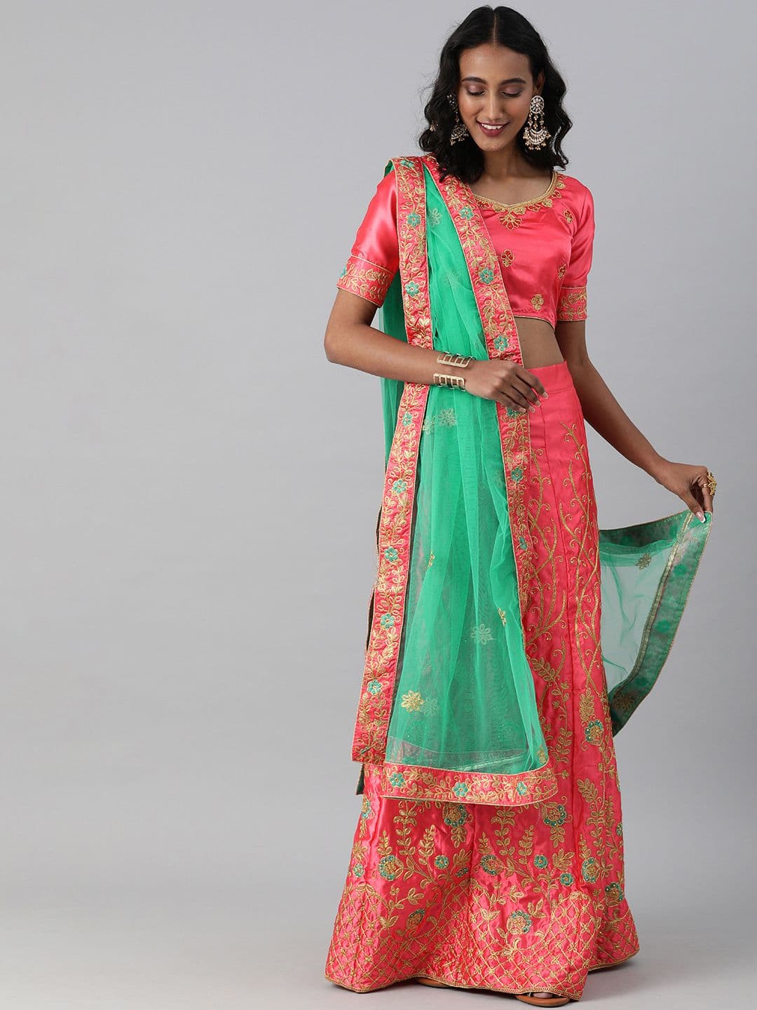 Mitera Pink Embroidered Semi-Stitched Lehenga & Unstitched Blouse with Dupatta - view 1