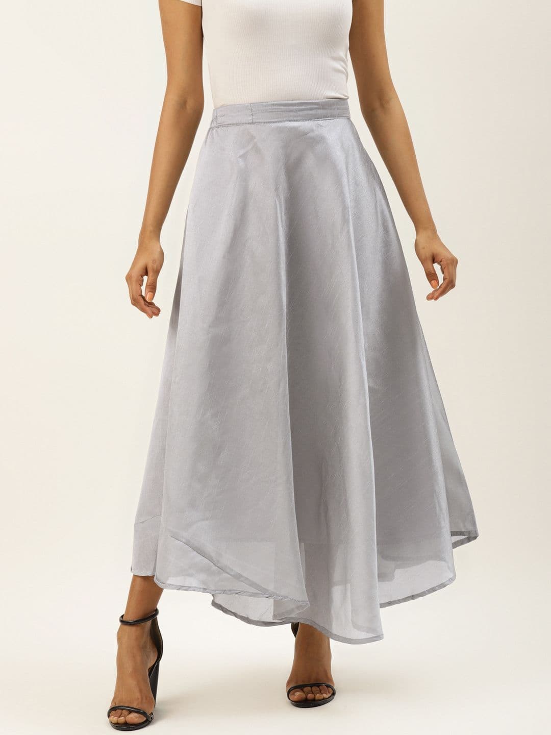 Vastraa Fusion Women Grey Solid Chanderi Flared Maxi Skirt - view 1