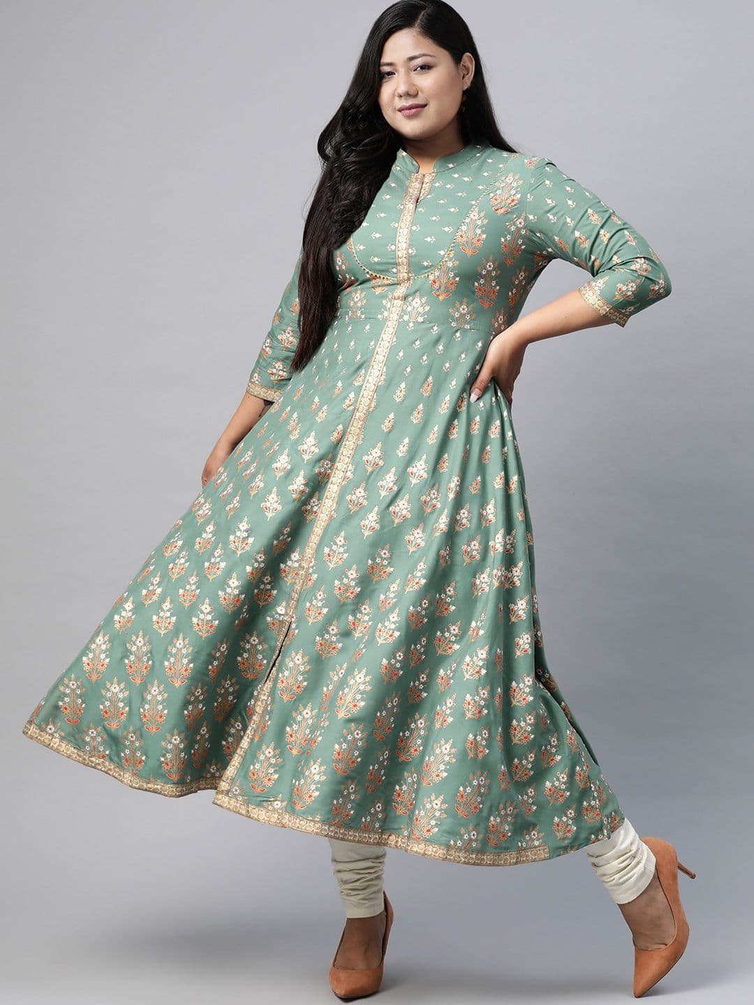 YASH GALLERY Women Plus Size Green Golden Printed Anarkali Kurta - view 1