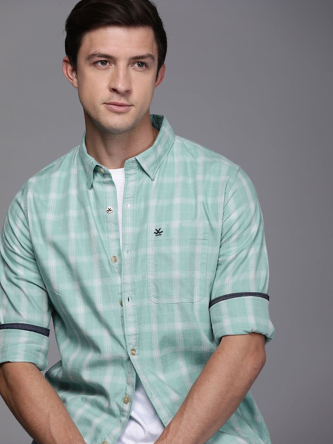 WROGN Men Sea Green & White Slim Fit Checked Casual Shirt - view 1