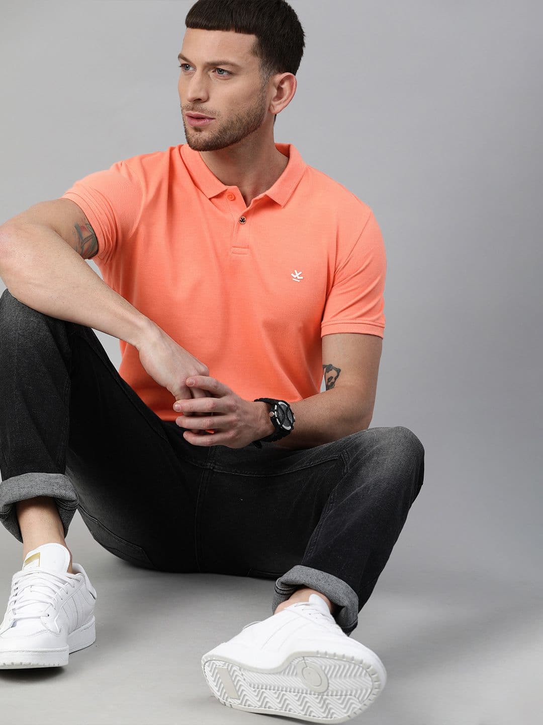 WROGN Men Coral Orange Slim Fit Solid Pure Cotton Polo Collar Pure Cotton T-shirt - view 1