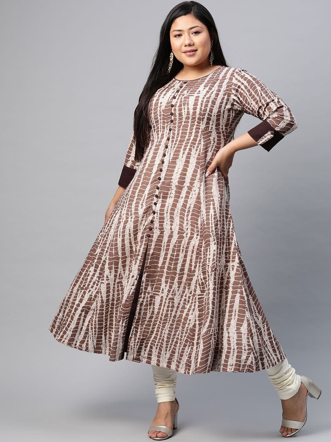 YASH GALLERY Women Plus Size Brown & Beige Anarkali Kurta - view 1
