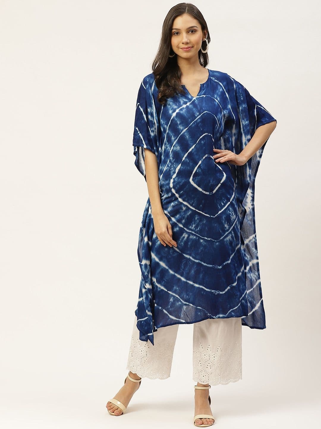 Maaesa Women Navy Blue & White Hand Dyed Asymmetric Kaftan Kurta - view 1