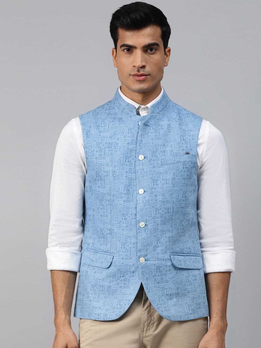 Blackberrys Men Blue Printed Slim Fit Nehru Jacket - view 1