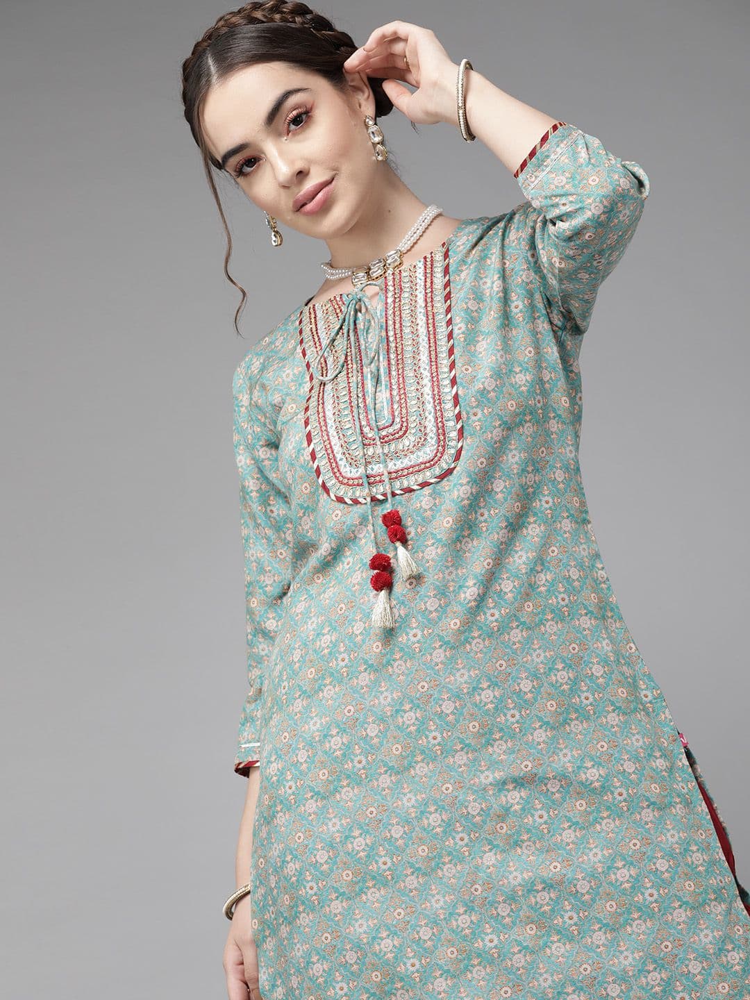 Varanga Teal Blue Ethnic Motif Yoke Embroidered Print Kurta - view 1
