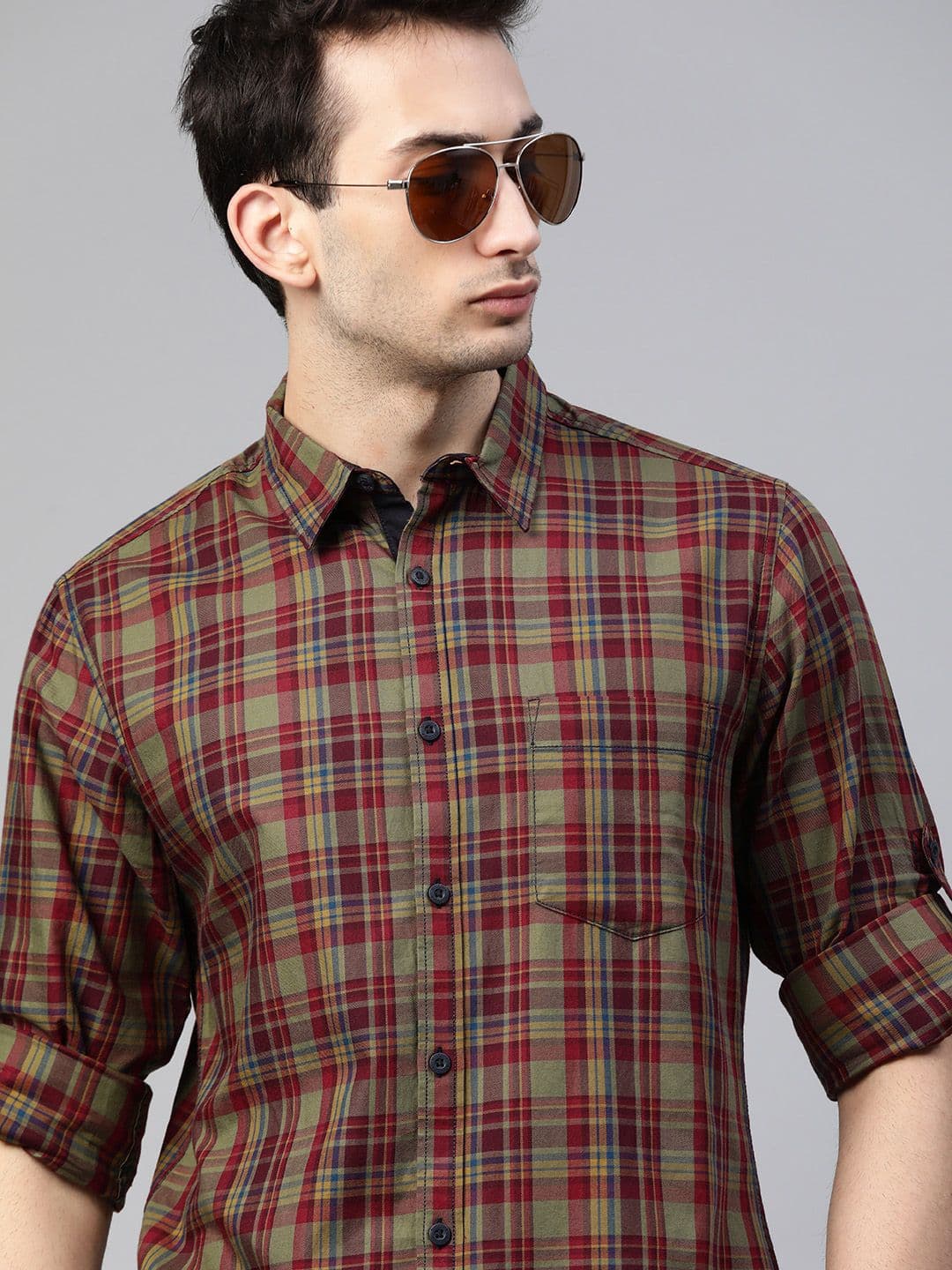 Roadster Men Maroon & Green Pure Cotton Checked Casual Shirt