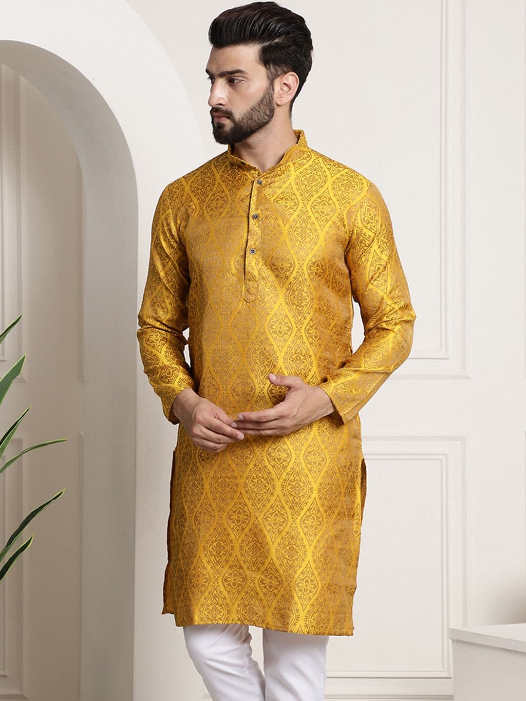 Sojanya Men Mustard Yellow & Golden Ethnic Motifs Jacquard Kurta - view 1