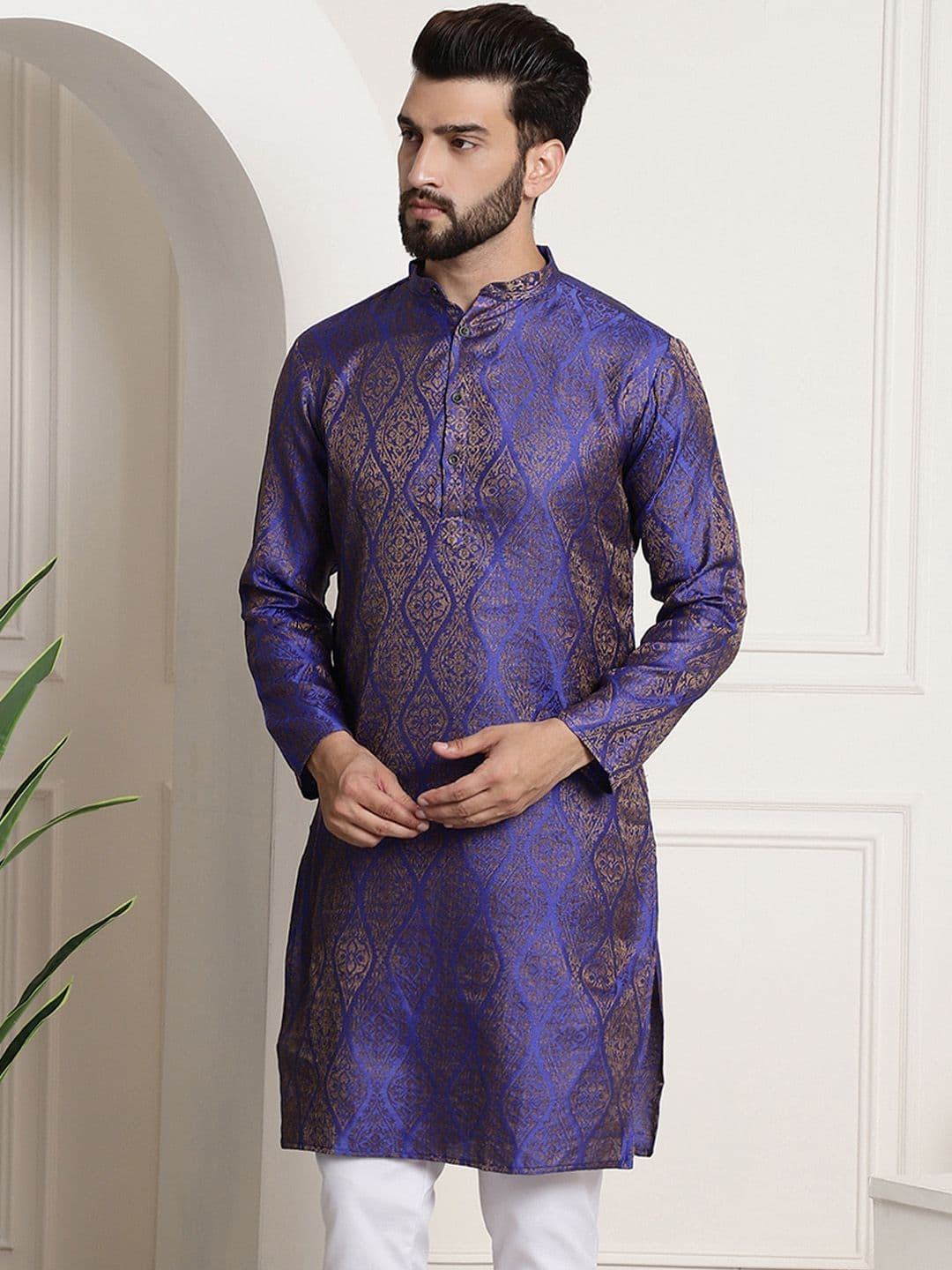 Sojanya Men Blue & Golden Ethnic Motifs Jacquard Kurta - view 1