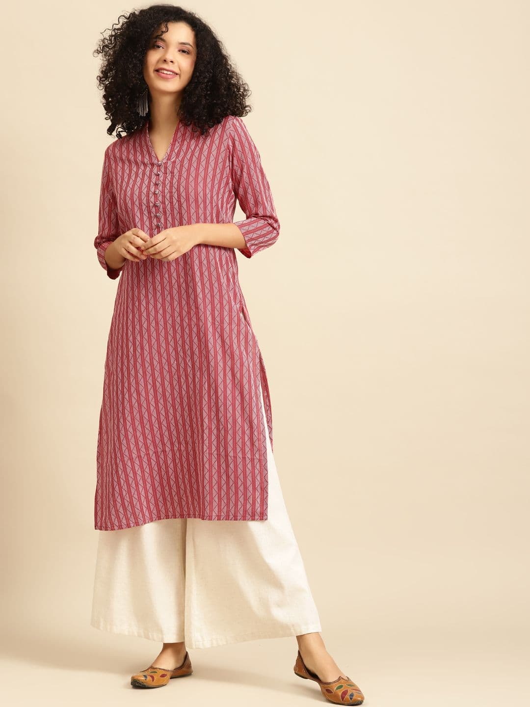 anayna Women Red & White Striped Kurta - view 1